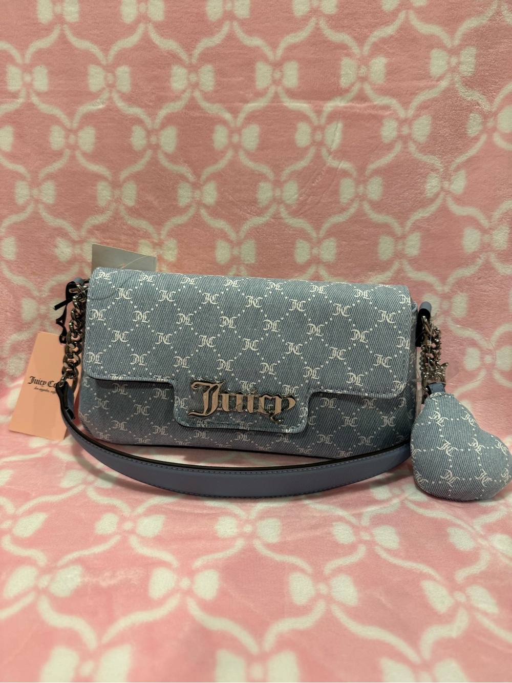 Juicy Couture Light Blue Denim-Print Shoulder Bag with Heart Charm